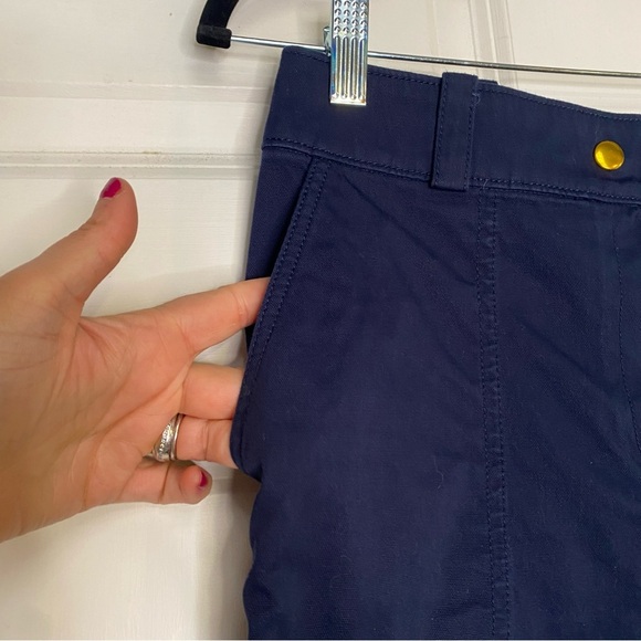 Tory Burch Navy Blue Flared leg Flat Front Gold Button Pants Size 4 - Picture 2 of 7